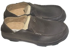 OLUKAI Mens 9 Moloa Dark Wood Java Genuine Leather Loafers Slip On Boat Shoes