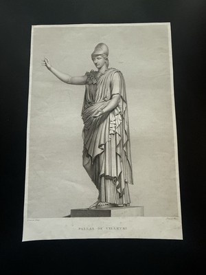 Antike Gravur Athene Minerva in römischer Mythologie Göttin der Weisheit Kriegshandwerk