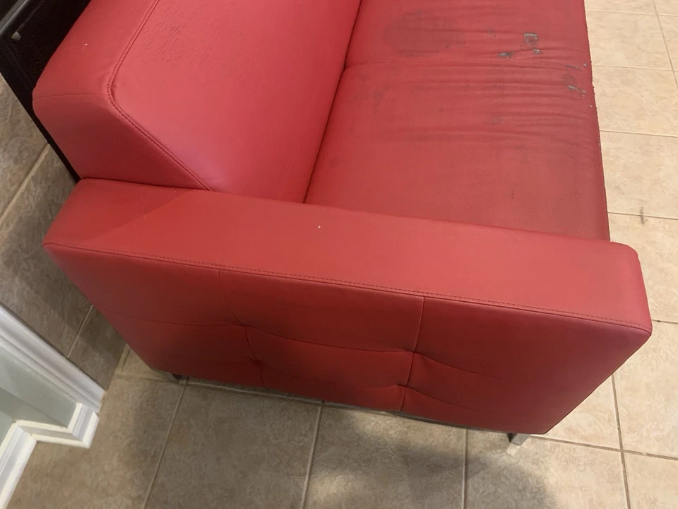 Modern Red Faux Leather Loveseat Couches - Image 3 of 4
