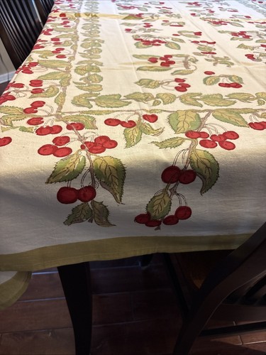 Couleur Nature French Tablecloth Red Cherries Cream with Green Border 59" x 86" - Picture 9 of 13