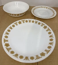 Corelle Butterfly Gold Floral Dinner Plate Bread Plate & Bowl Made in USA Vtg