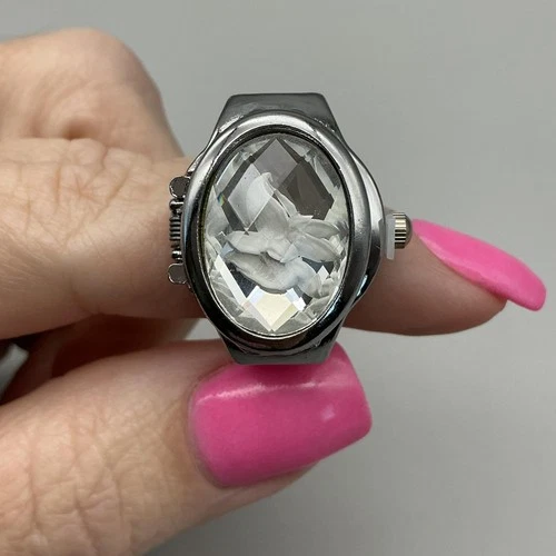 Bozhi Ring Watch Womens 20mm Hidden Dial Clear Crystal Floral New Battery