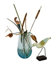 Hand Blown Blue Art Studio Glass Controlled Bubbles Forming Stripes Vase 9  Read