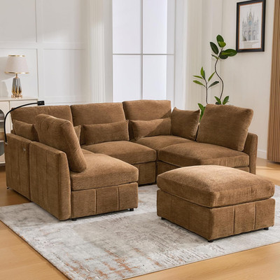 Modern 85.4'' U-Shaped Cloud Sofa with Ottoman, USB & Phone Holder - Brown