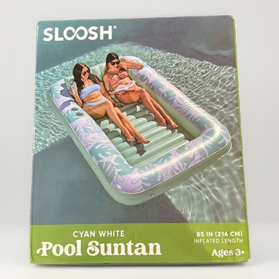 Sloosh Inflatable Tanning Pool Lounger Float, 85'' x 57'' Cyan White
