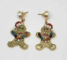 Christmas Gingerbread Man Rhinestone Glitter Faux Pearl Dangle Pierced Earrings