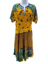 Farm Rio Women's Dress Hand Block Printed Yellow Boho Tropical Resort Medium