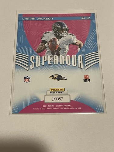 LAMAR JACKSON - 2021 Panini Instant #S2 NFL FOOTBALL SUPERNOVA - RAVENS 1/3357 - Picture 3 of 4