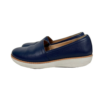 Fitflop Womens Casa Loafer Flat Shoes Blue Leather Slip On Round Toe Size 