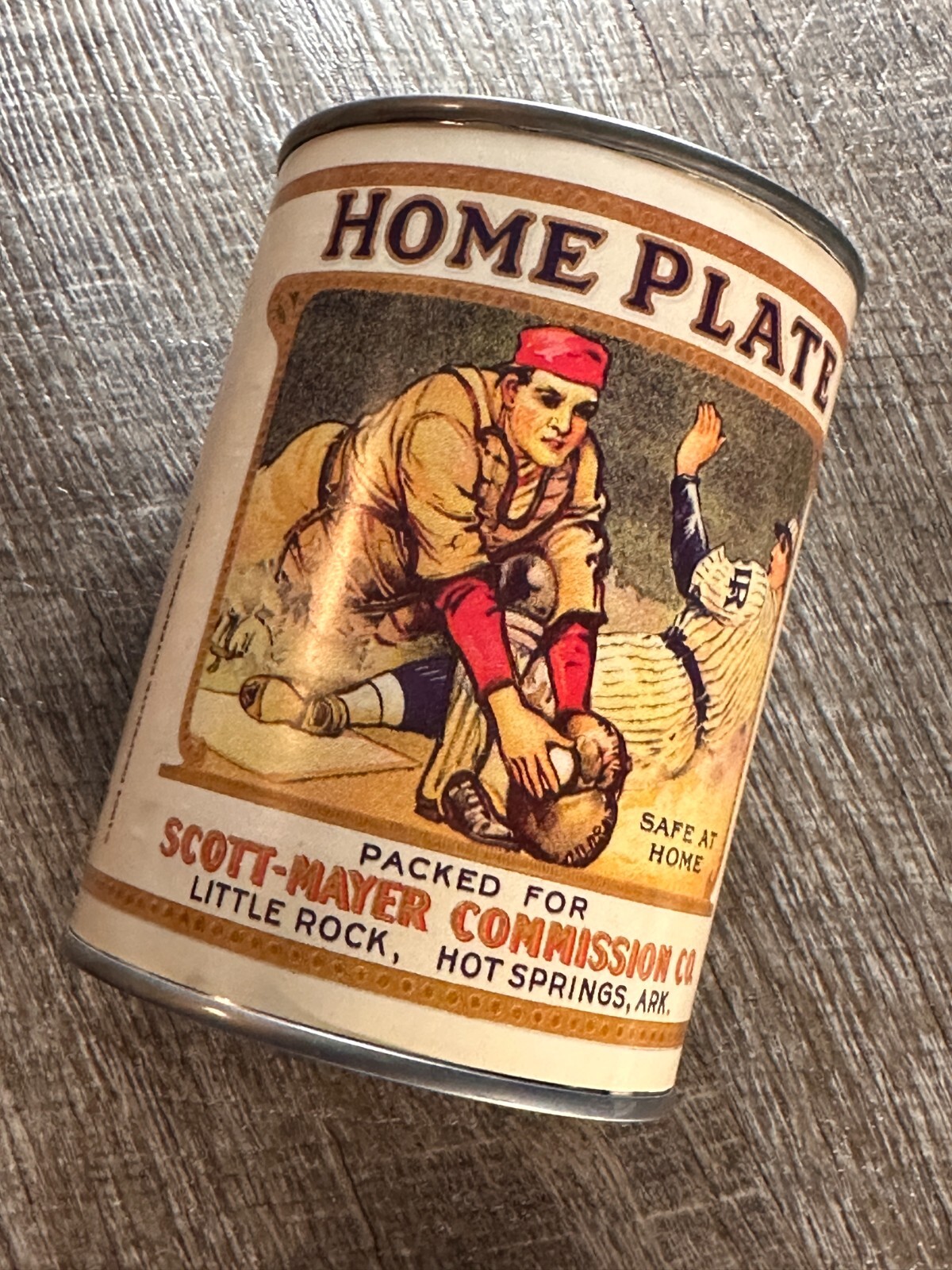 Home Plate Safe At Home Advertising Tin Can Label Hominy Scott Mayer