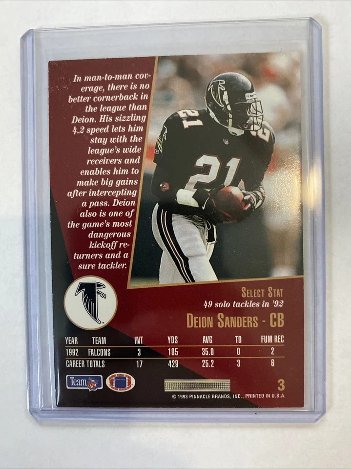 1993 Score Select Deion Sanders Football Card #3 Falcons HOF - Image 2 of 2