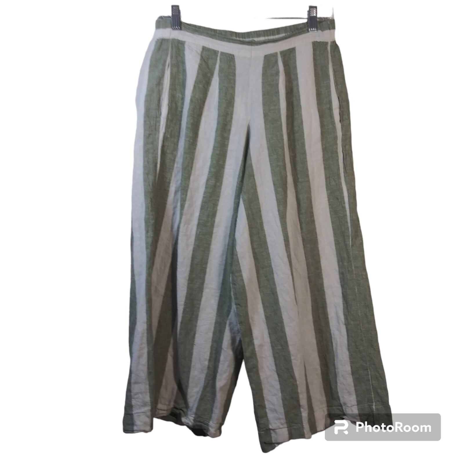 Beachlunchlounge Green Stripe Linen Wide Leg Crop Pull On Pants Size L