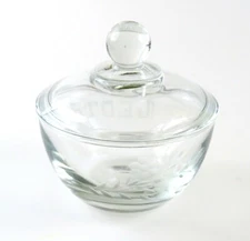 Clear Anchor Hocking Sugar/Candy Bowl w/ Lid & Etched Flowers, Engraved "Leota"