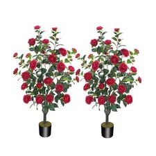 3.6FT Artificial Camellia Fake Tree, Artificial Plants & Flowers with 32 Red ...