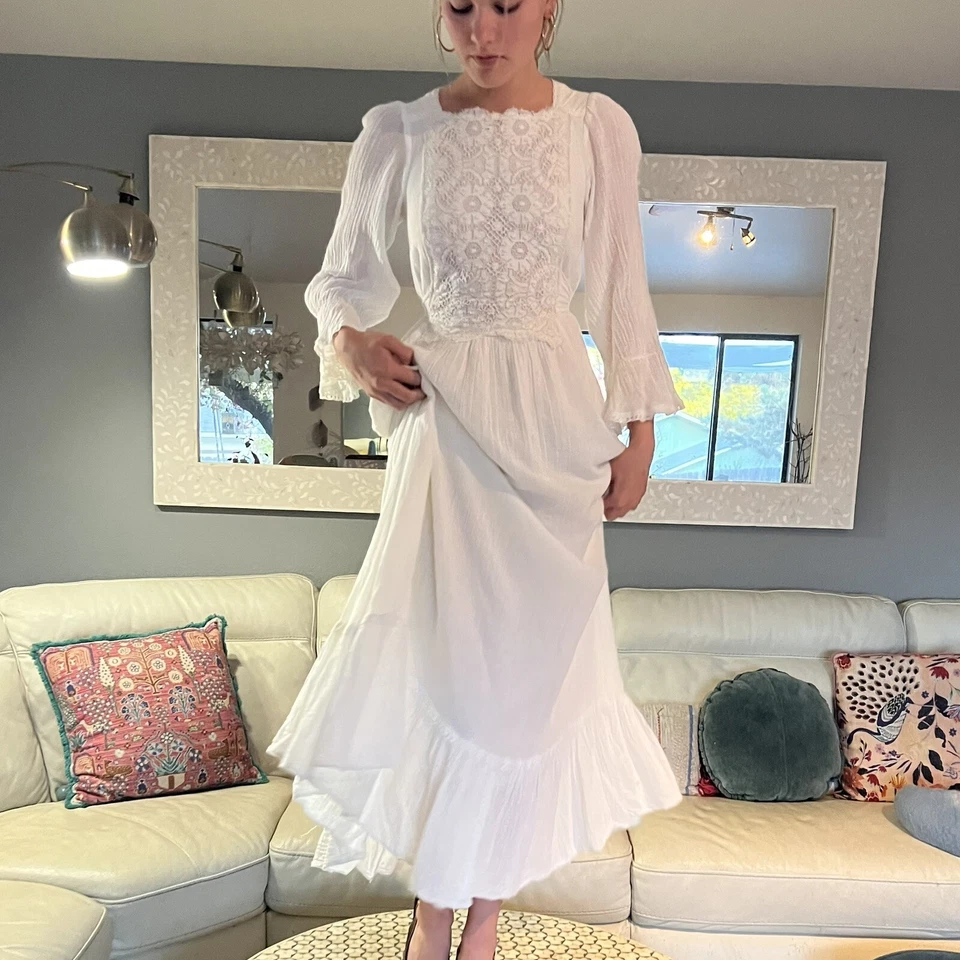 Gunne Sax Cream Gauze & Lace Maxi Dress Cottagecore Prairie Dress Boho Wedding S - Image 4 of 4
