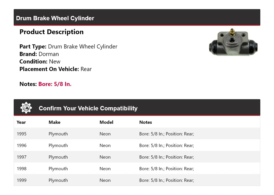For 1995-1999 Plymouth Neon Dorman Drum Brake Wheel Cylinder Rear 1996 1997 1998 - Image 2 of 3
