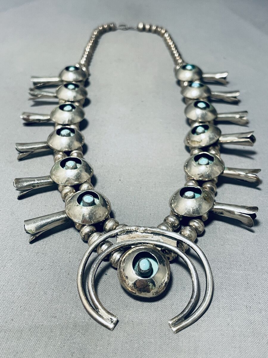 Superior Vintage Native American Navajo Inlay Turquoise Sterling Silver Squash Blossom Necklace Superior Vintage Native American Navajo Inlay Turquoise Sterling Silver Squash Blossom Necklace