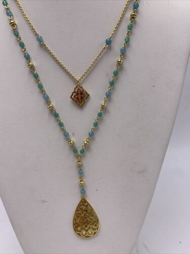 $65 Carolee Hold Tone Teardrop Necklace Multi Layer Aqua Beads X404 - 第 1/8 張圖片