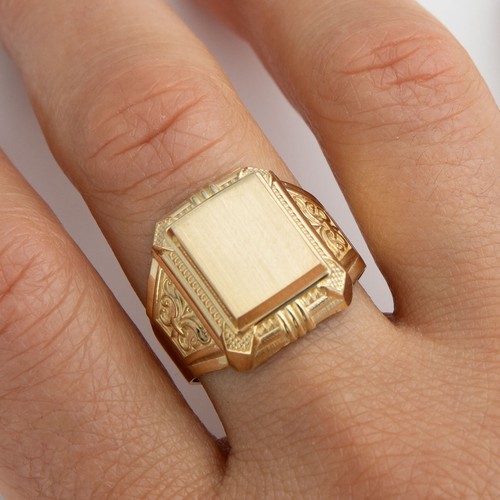 Signet Ring Solid 10K Gold Engravable Satin Textured Yellow Gold Signet Ring Solid 10K Gold Engravable Satin Textured Yellow Gold