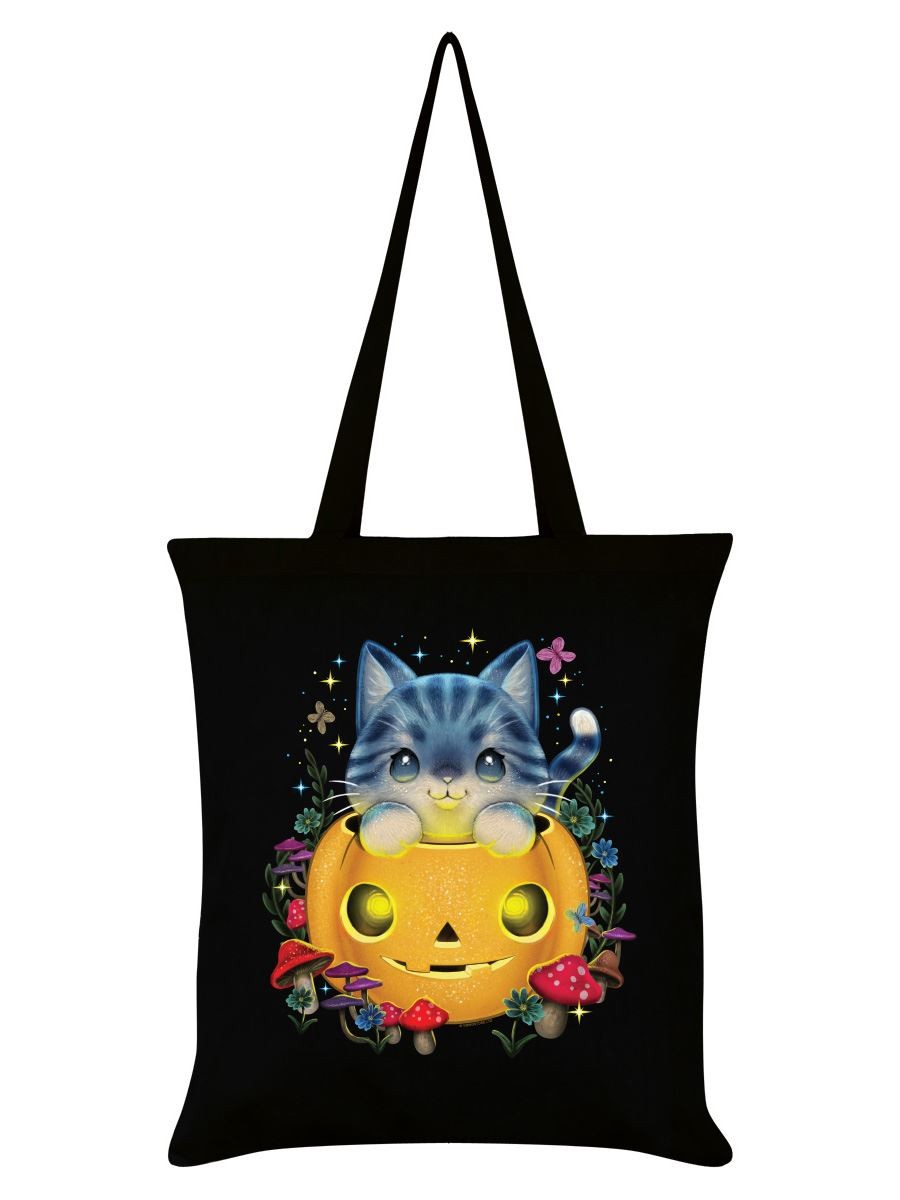 Magical Halloween Kitten Black Tote Bag