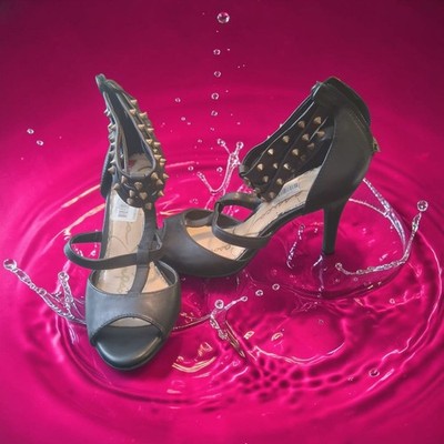 Jessica Simpson Black Studded T-Strap Peep-Toe Heels Womens Size 6 Sexy Summer