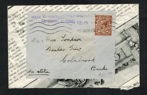 Great Britain 1916 1 1/2d KGV "Made by Disabled Soldiers" envelope with label