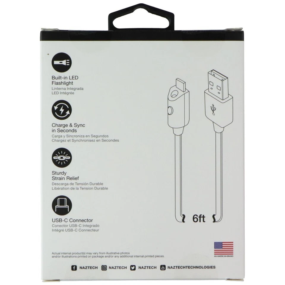 naztech (6ft/1.8m) Lighted USB-C Flat Cable with Built-in LED Flashlight - Black - Image 2 of 3
