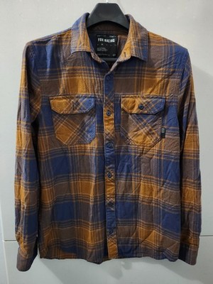 Fox Racing Shirt Mens M Rust Blue Flannel Button Up Plaid Cotton Outdoor Pockets