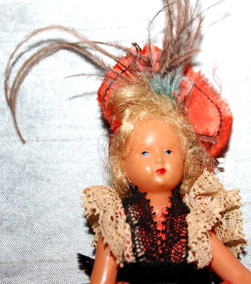 Vintage Celluloid Can Can Toy Doll 5'' Tall Frilly Dress Black Legs Feather Hat