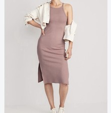 Old Navy Women’s Size Large Tall Ribbed Tank Dress Taupe Cotton Blend Midi Slit