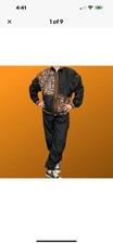 90's Vintage Black Leopard Print Track Suit Windbreaker Jacket 1X Pants L Set