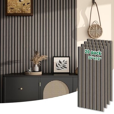 20-Pack 12'' x 24'' Soundproof Wood Slat Panel, 40 Sq.Ft. 3D Wood 24x12 Inch Gray