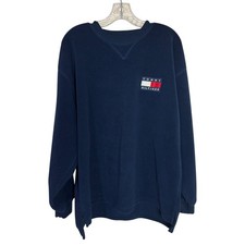 VTG Tommy Hilfiger Fleece Oversized Pullover Sweatshirt Blue Spellout sz M 90's
