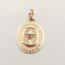 14k Gold First 1st Holy Communion Oval Medal Charm Pendant Sacrement Eucarist