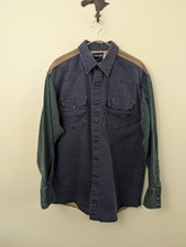 Wrangler Vintage Color Block Button Down Cotton Navy Blue Pearl Snap Large