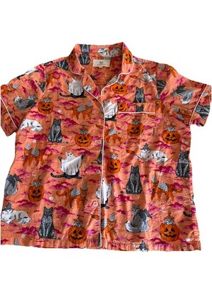 PRINT FRESH Pajama Pjs Short Sleeve Haloween Cat SHIRT, Medium, Orange Pumpkin