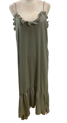 Wishlist Apparel Maxi M Dress Green Lined Women's Tiered Ruched Boho Strap hi lo