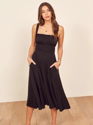 Reformation Miranda Dress Midi Sleeveless Ruffle Bodice Black Size L | eBay