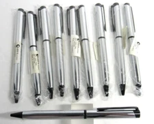 LOT OF 10 LEED'S PACIFIC SLIM METAL CHROME BALLPOINT PENS+10 SPARE BLACK REFILLS
