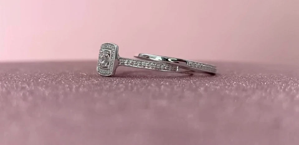 14K White Gold Diamond Bridal Wedding Ring Set Square Halo Engagement Milgrain - Image 3 of 4