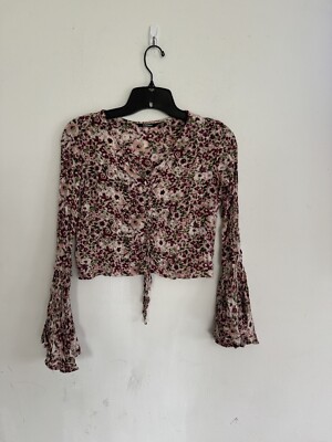 Noun Womens Y2K Ditzy Floral Bell Sleeve Cropped Blouse, Size XXS