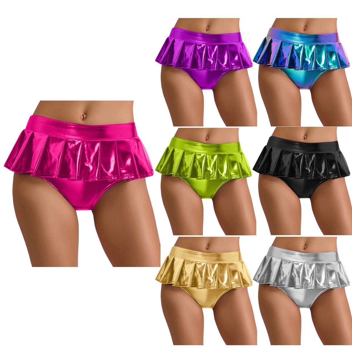Women's Metallic Shiny Pleated Mini Skirted Underwear Rave Party Night Club