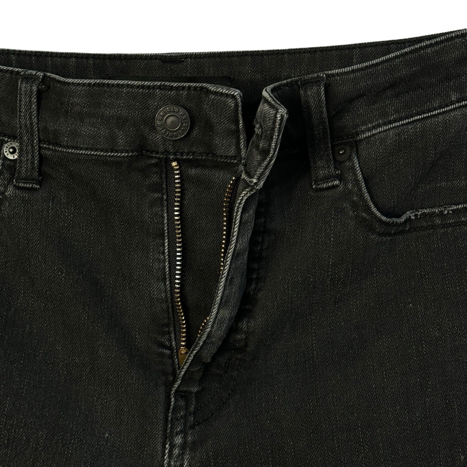 Uniqlo SZ 25 Straight Jeans Mid-Rise Frayed Hem Zip-Fly Stretch Black Wash Women thumbnail 3