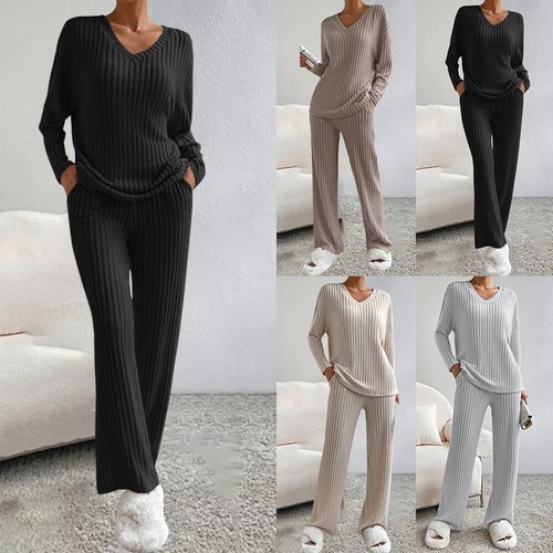 Womens Lounge Wear Tracksuit Ladies Ribbed Baggy Tops Pants Casual Co-ord Set US