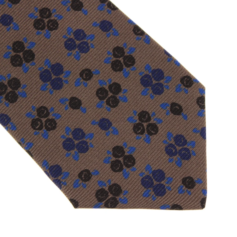Corbata Kiton nueva sin etiquetas 100 % seda siete pliegues en marrón topo con flores azules/negras Foto 2 de 4