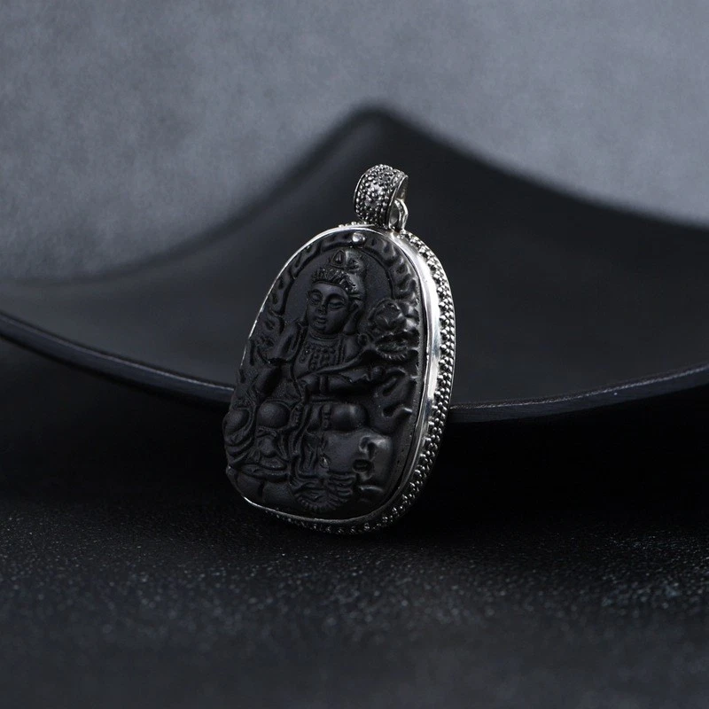 Colgante de plata esterlina S925 BUDDHA BODHISATTVA ágata negra tallada vintage 25 g Foto 2 de 4