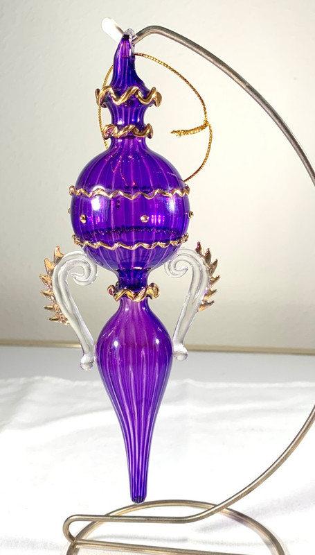 BLOWN GLASS FINIAL ORNAMENT ~ PURPLE WITH GOLD & CLEAR GLASS ACCENTS ~ 8"