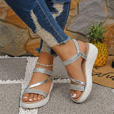Women Platform Sandals Ladies Rhinestone Comfy Casual Summer Sandals Size 3-7