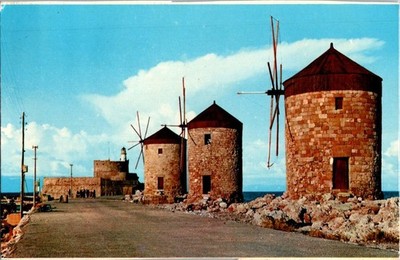 Vintage Rhodes Greece Windmills Postcard with 1972 Greek Stamps