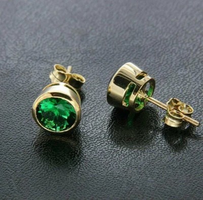 3.00 Ct Round Cut Lab Created Emerald Bezel Stud Earrings 14k Yellow Gold Finish
